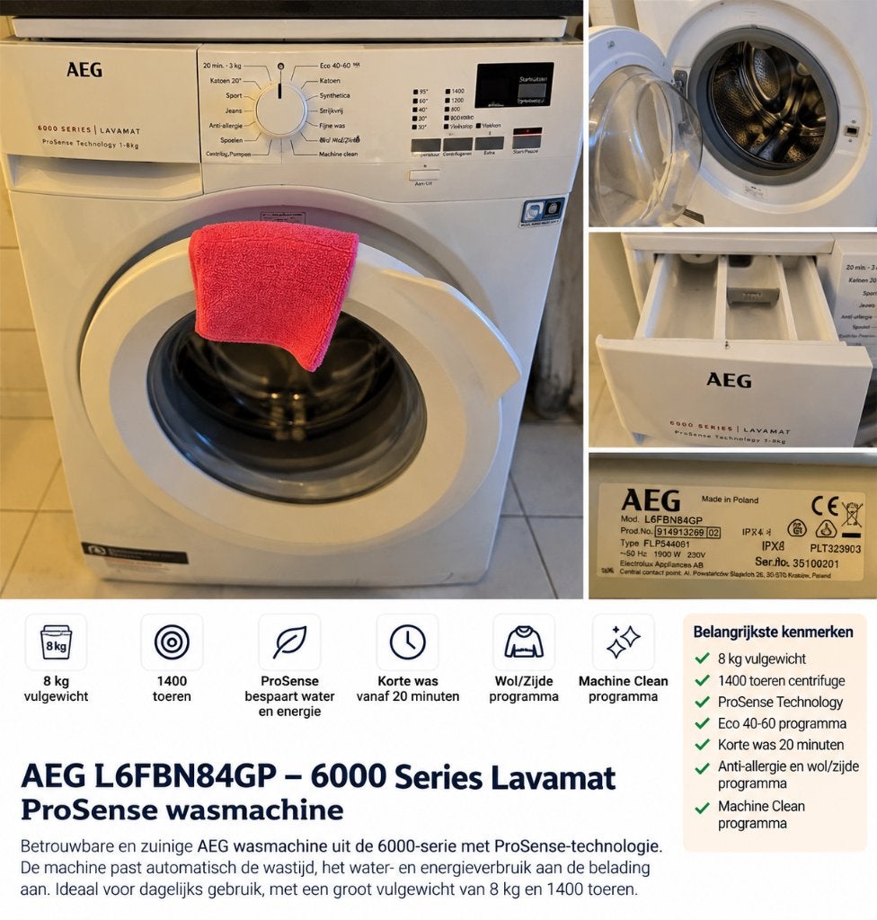 AEG 6000 ProSense wasmachine – 8 kg – 1400 toeren, Ophalen, Gebruikt, Voorlader, Kort programma
