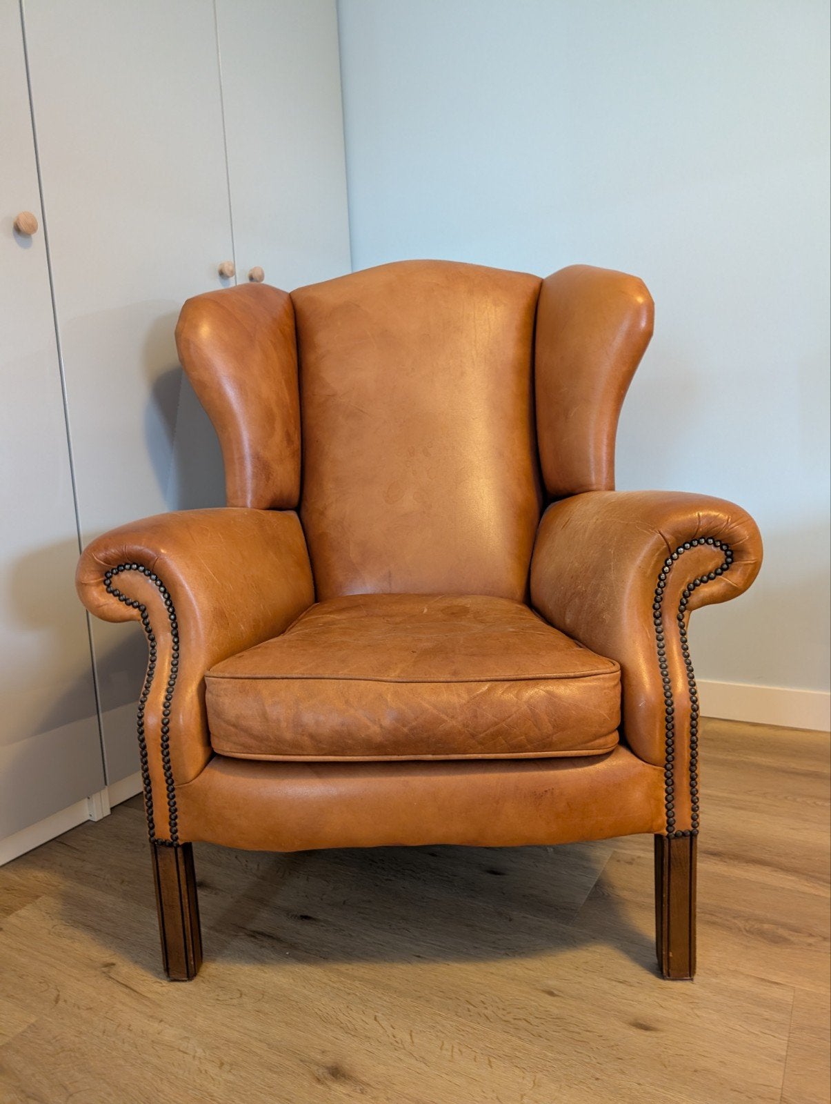 Leren oorfauteuil in cognac kleur - Chesterfield stijl, Ophalen, Gebruikt, 75 tot 100 cm, Chesterfield, Klassiek