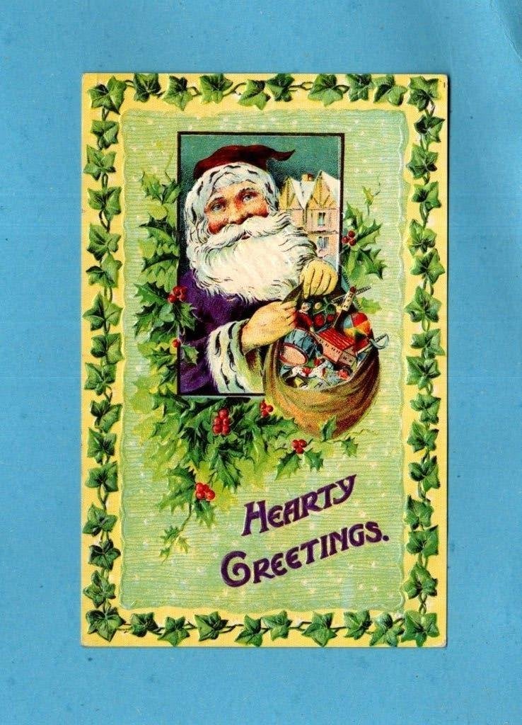 Mooie oude kerstkaart/reliéf N912 - vrolijke Santa / kado's, Verzenden, Voor 1920, Gelopen, Feest(dag)