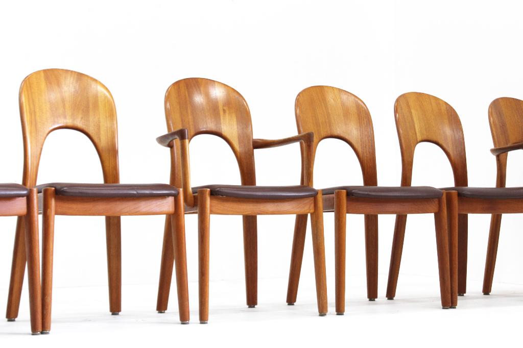 Vintage Deense Mid Century stoelen Niels Koefoed , set van 8, Vintage, design, Bruin, Ophalen of Verzenden, Zo goed als nieuw