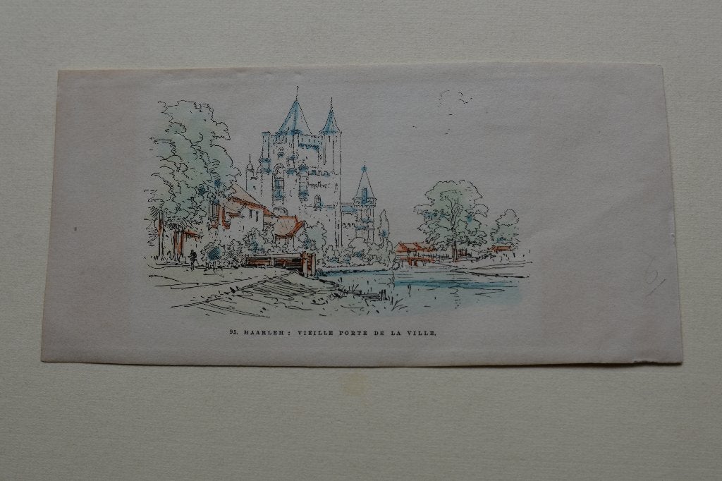 HAARLEM AMSTERDAMSEPOORT Houtgravure 1881 hand gekleurd G60, 1800 - 1899, Verzenden, Stadsgezicht, Gravure