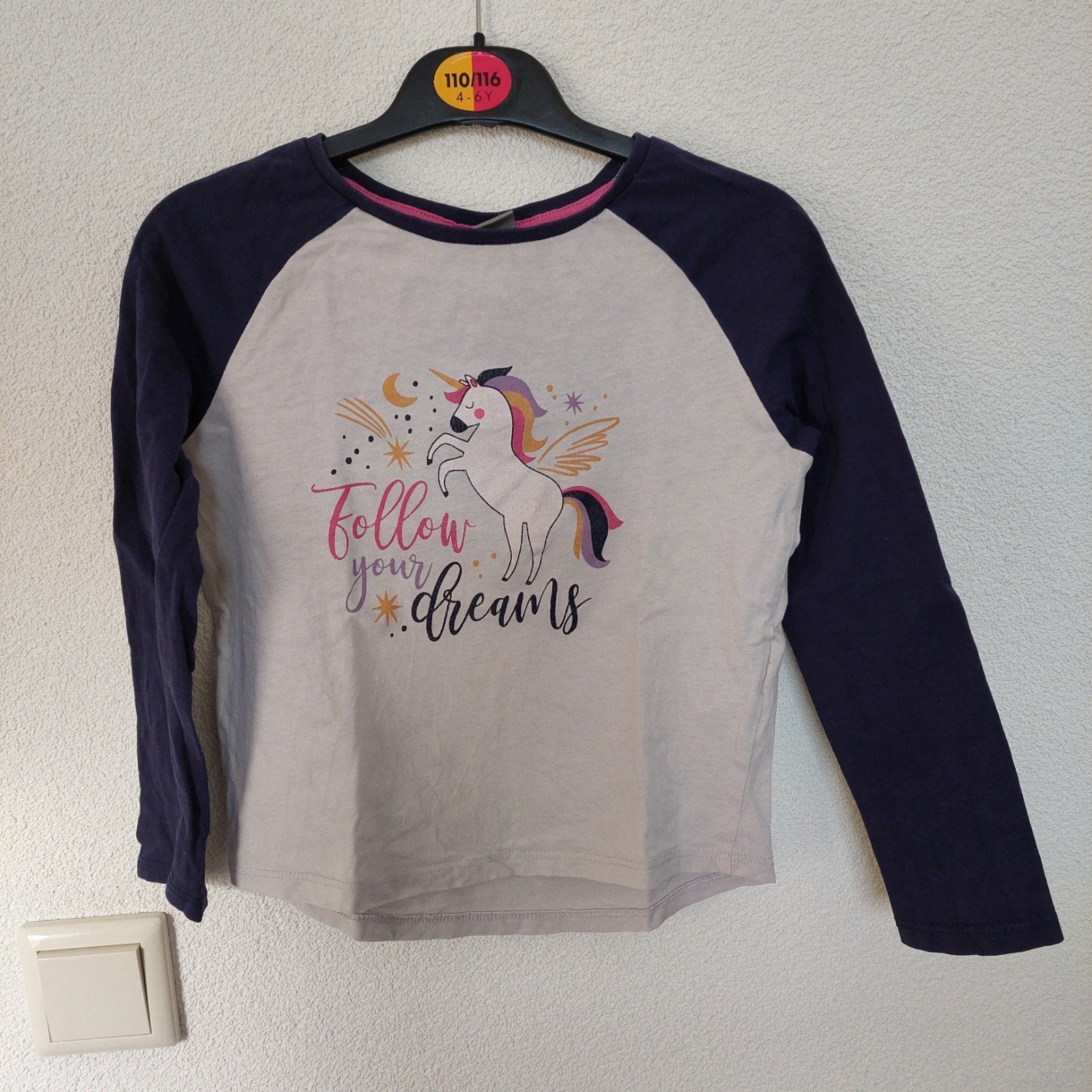 Shirt paars licht roze eenhoorn maat 110-116 longsleeve, Nightwear, Gebruikt, Meisje, Ophalen of Verzenden