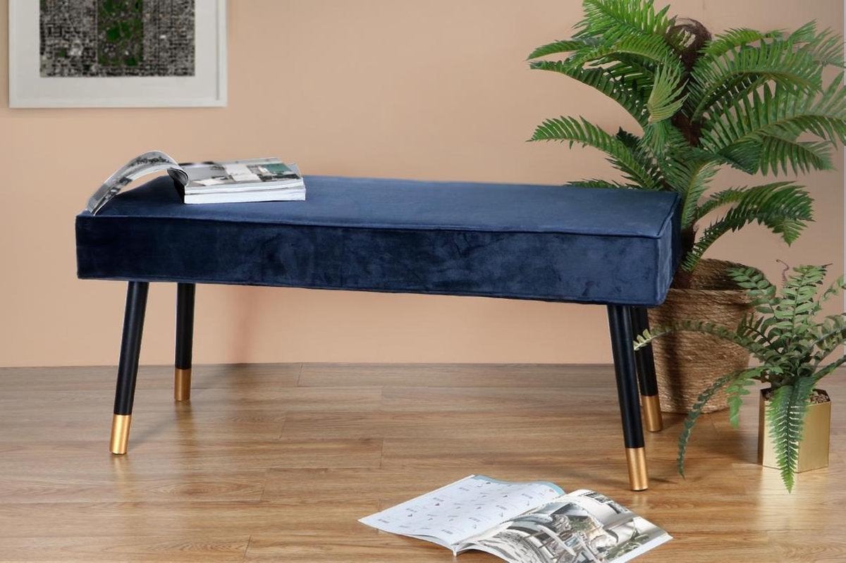 Luxe blauwvelvet bankje met gouden detail, Ophalen, Minder dan 50 cm, Gebruikt, 100 tot 125 cm