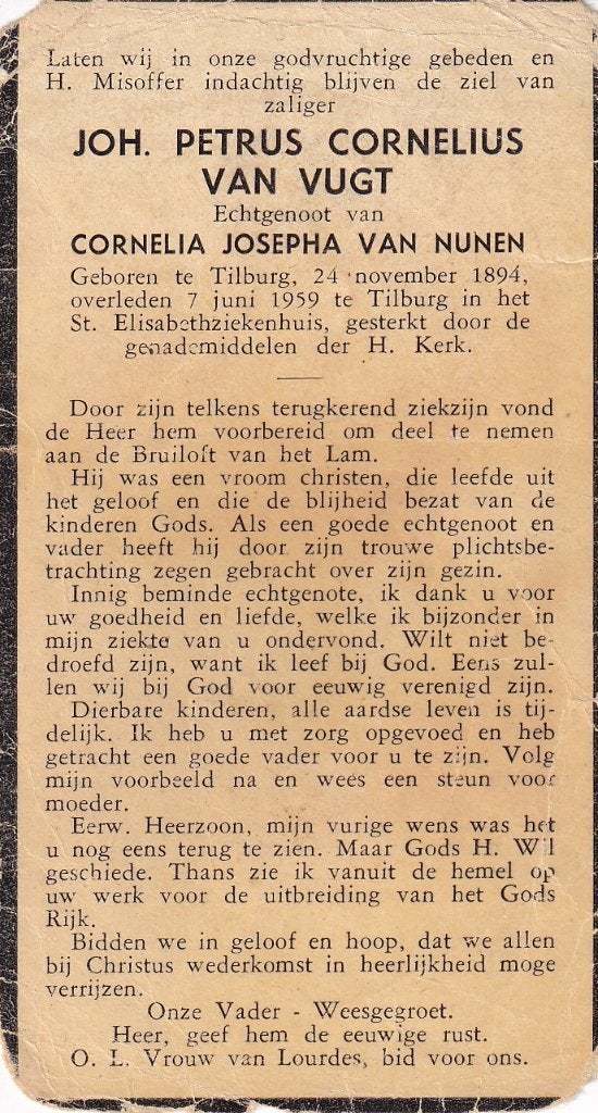 Vugt Joh. 1894 Tilburg 1959, Ophalen of Verzenden, Bidprentje