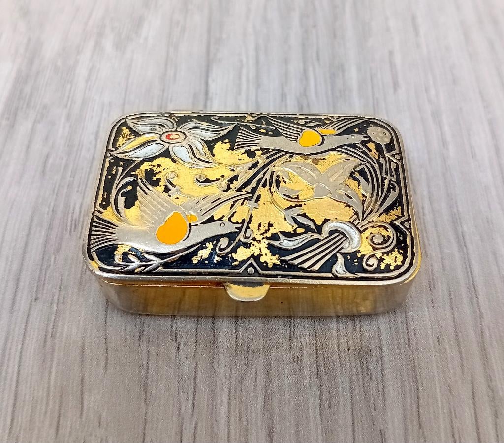 damascene gouden bloem & vogels pillendoos, midas, Antiek en Kunst, Ophalen of Verzenden