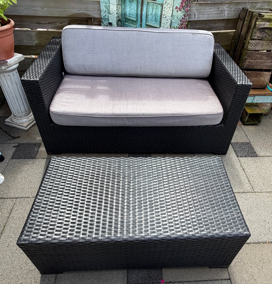 Zwarte Wicker Loungebank met Salontafel van Hartman, Tuin en Terras, Gebruikt, Loungeset, Wicker, Bank