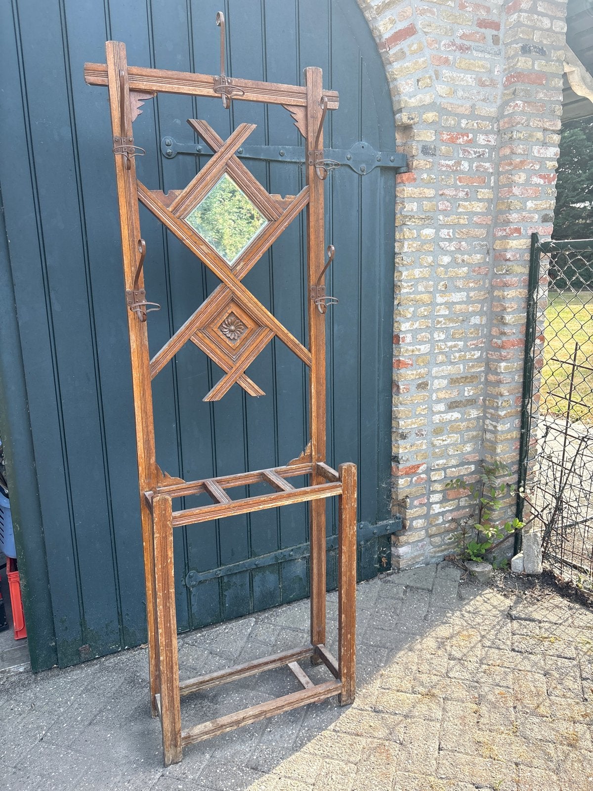 Antieke houten kapstok met paraplubak en spiegel, Ophalen, Gebruikt, No, Staande kapstok
