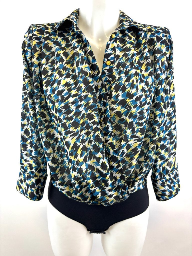 ELISABETTA FRANCHI Groen zwart body blouse top IT 40 - EU 34, Elisabetta Franchi, Ophalen of Verzenden, Lange mouw, Maat 34 (XS) of kleiner