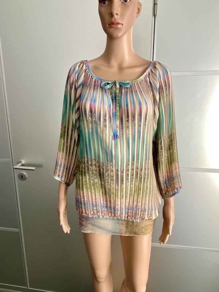 J414 Vango maat M=38/40 plisse-blouse beige/groen/blauw, Maat 38/40 (M), Beige, Ophalen of Verzenden, Zo goed als nieuw