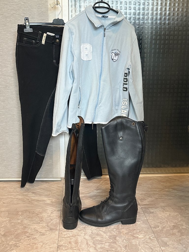 Leren paardrijlaarzen 40+broek 42(beide z.g.a.n.)+ polo-vest, Ophalen, Zwart, Maat 42/44 (L), Overige typen