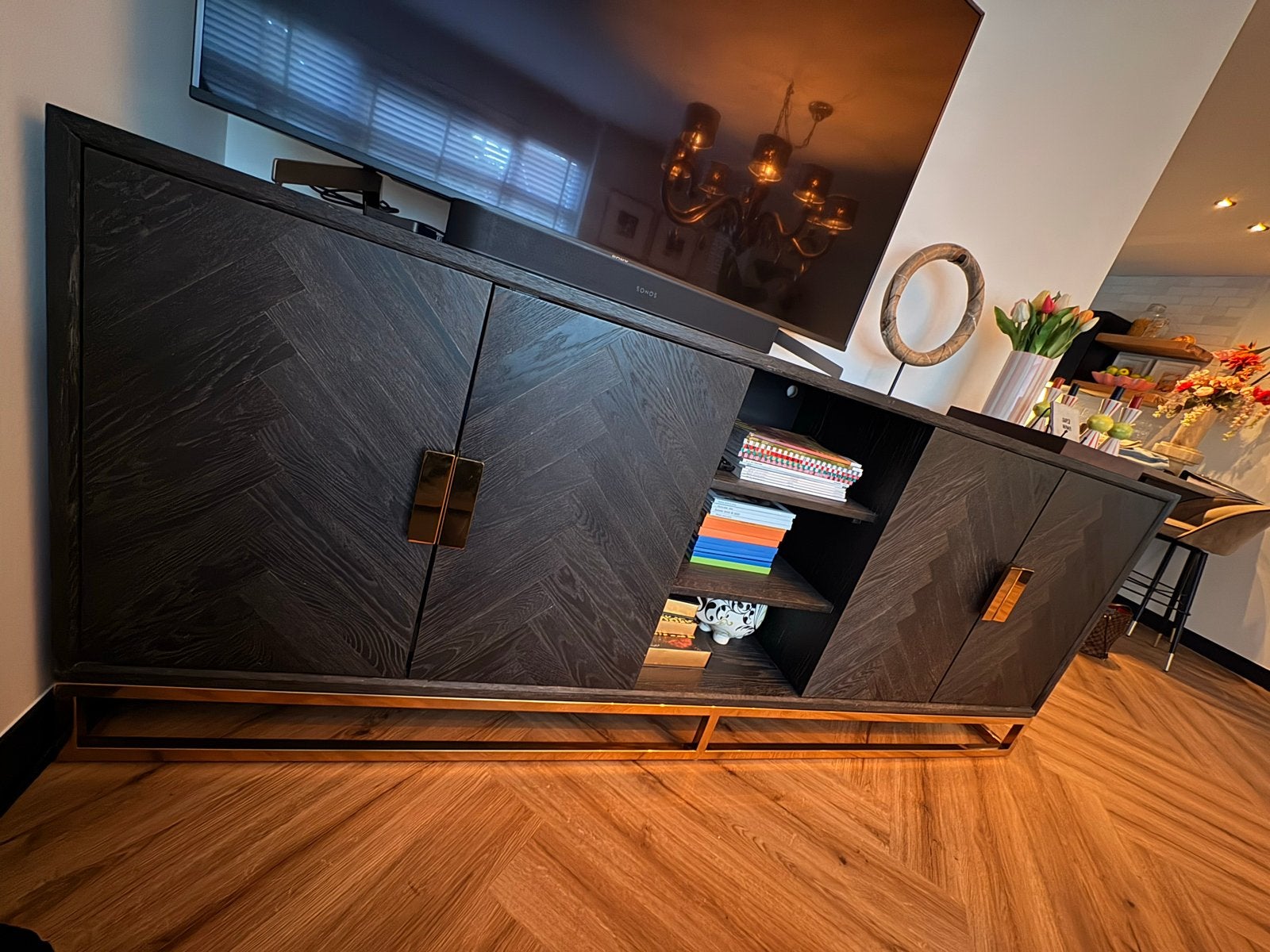 Richmond Interiors Zwartbone dressoir goud, Huis en Inrichting, Kasten | Dressoirs, Ophalen, Zo goed als nieuw, 200 cm of meer