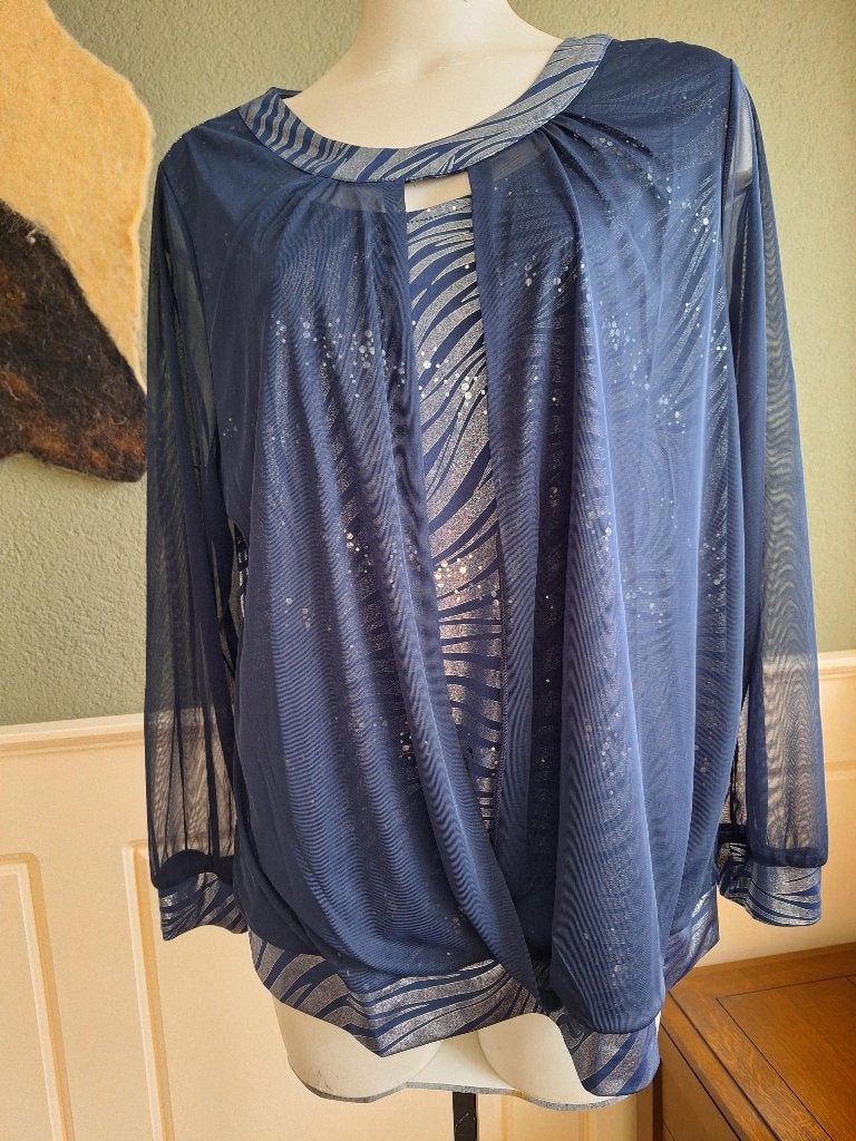 Komplimente top blauw zilver topje mt 50, Komplimente, Maat 46/48 (XL) of groter, Zo goed als nieuw, Lange mouw