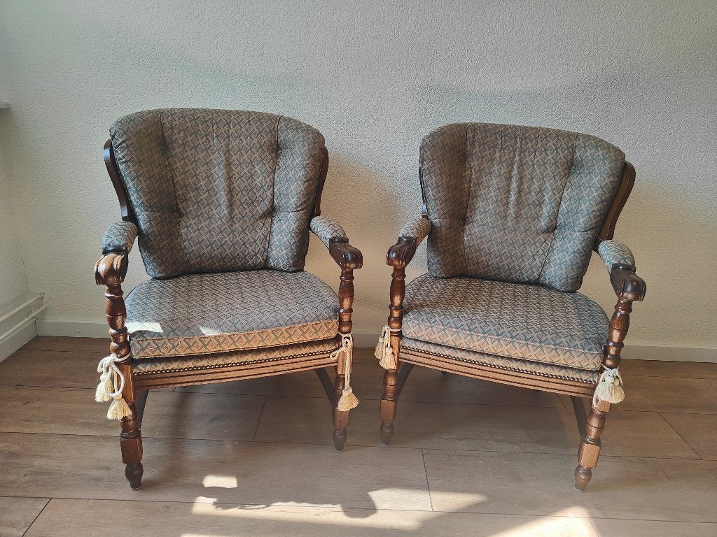 Twee houten stoelen/fauteuils, Huis en Inrichting, Ophalen, Hout, Gebruikt, Minder dan 75 cm