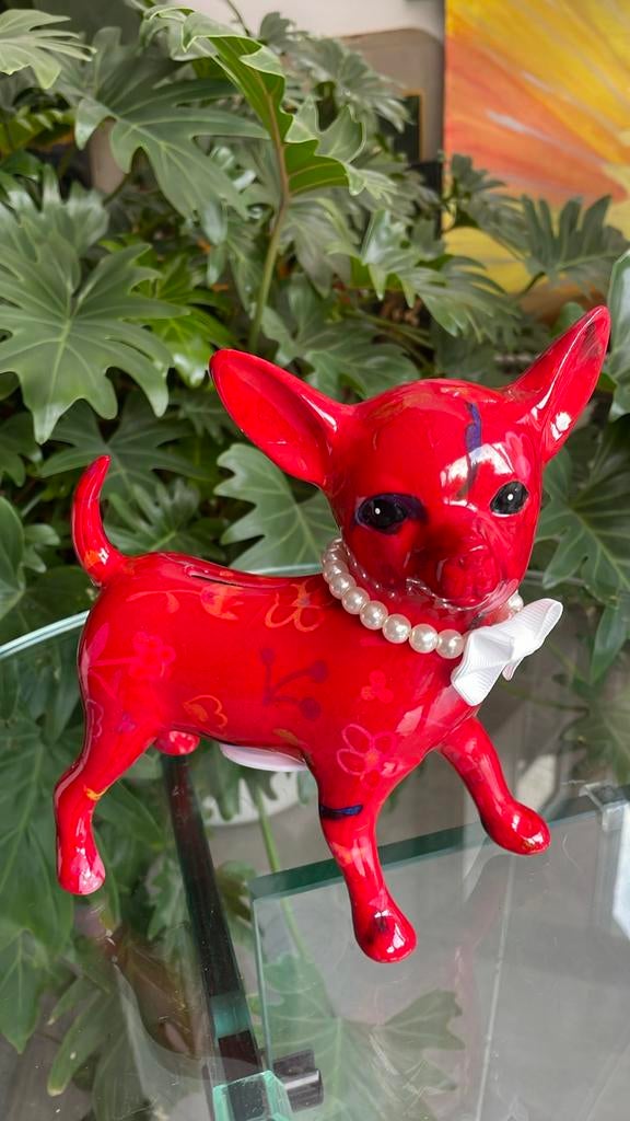 Spaarpot Chihuahua Rood Pomme-Pidou, Ophalen of Verzenden, Gebruikt, Steen, Aardewerk of Keramiek, Dier