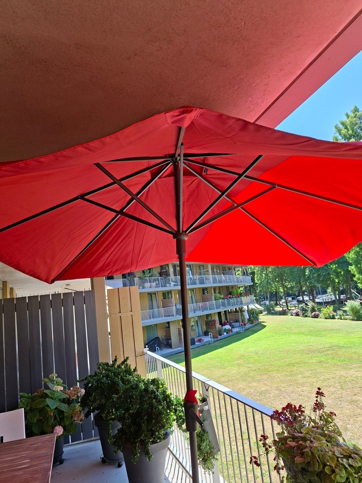 Parasol syros luxe 280x280cm. Kleur bric., Ophalen, Zo goed als nieuw, Stokparasol