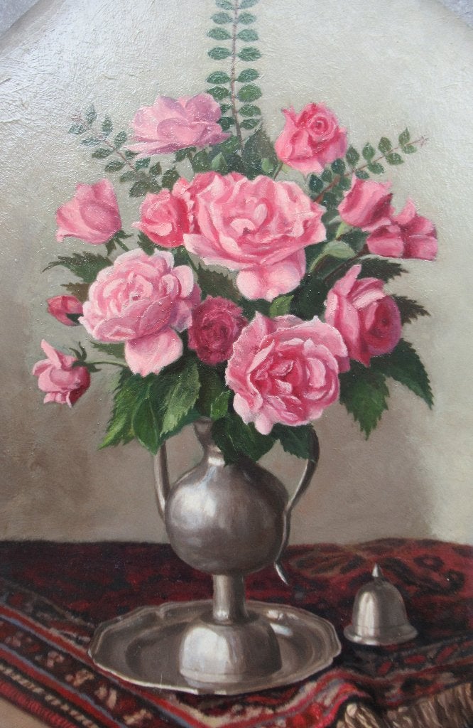 Adrianus van der Meijde (1896-1988): Rozen in tinnen kan, Ophalen, Overige ondergronden, Stilleven, Bijzondere lijst