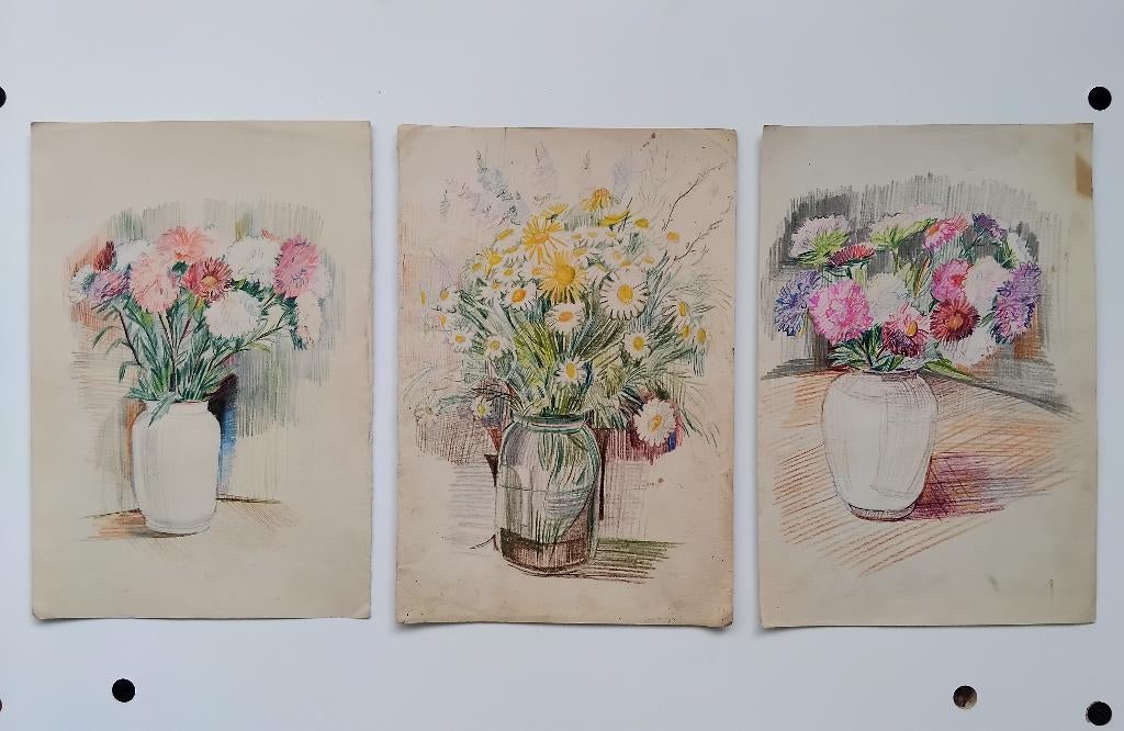 Drie schilderijen, potloodtekeningen. Bloemstillevens. 1960, Antiek en Kunst, Kunst | Schilderijen | Klassiek, Ophalen of Verzenden