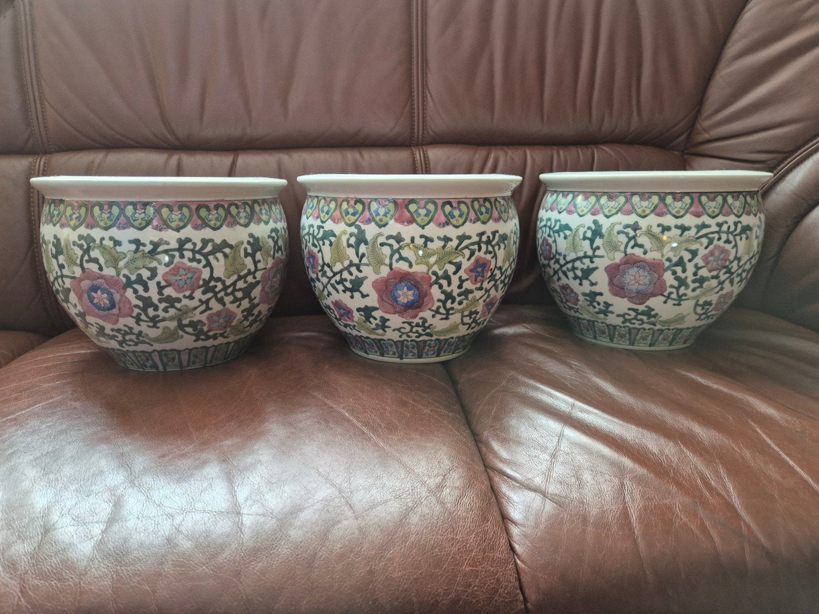 3 Chinese bloempotten met bloemmotief, Ophalen, Rond, Zo goed als nieuw, Balkon