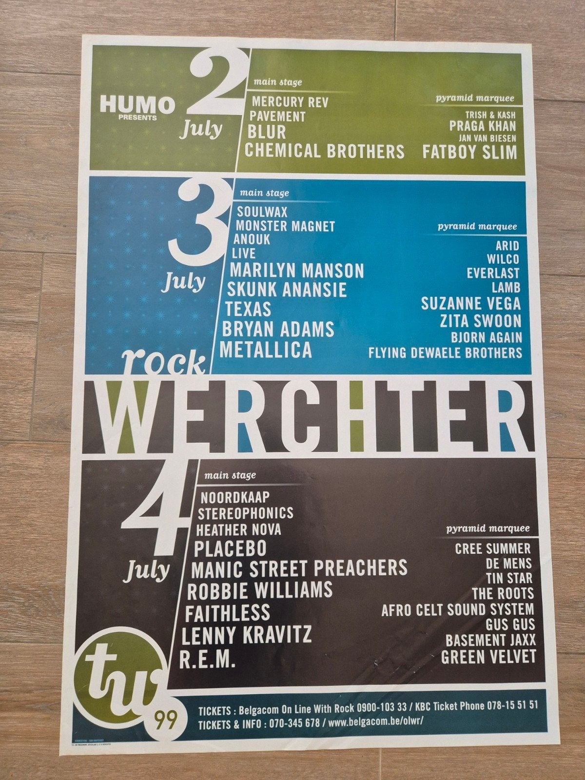 Concert poster Rock Werchter TW 1999, Verzamelen, Ophalen of Verzenden, Zo goed als nieuw, Muziek