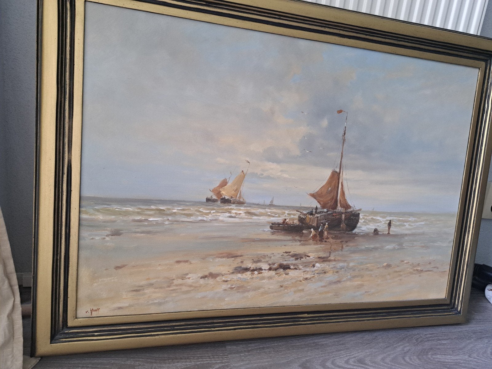 Groot Schilderij Maritiem Landschap met Schepen, gesigneerd, Antiek en Kunst, Kunst | Schilderijen | Klassiek, Ophalen