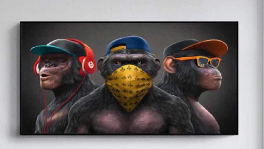 Canvas Schilderij Chimpansees Horen Zien Zwijgen 70x120, D, Minder dan 50 cm, Nieuw, Ophalen of Verzenden