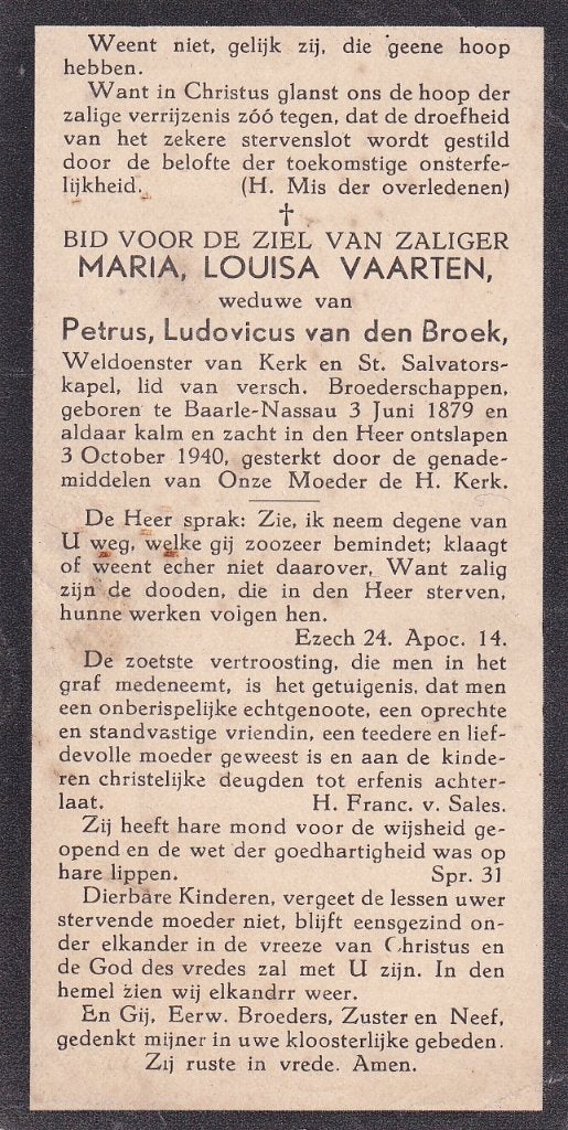 Vaarten Maria 1879 Baarle Nassau 1940, Ophalen of Verzenden, Bidprentje