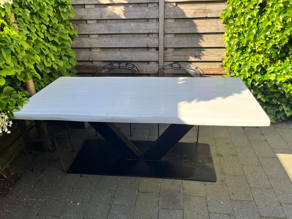 Stevige (tuin)tafel, wit eikenblad, stalen onderstel, Tuin en Terras, Tuintafels, Ophalen, Gebruikt, Rechthoekig, Hout