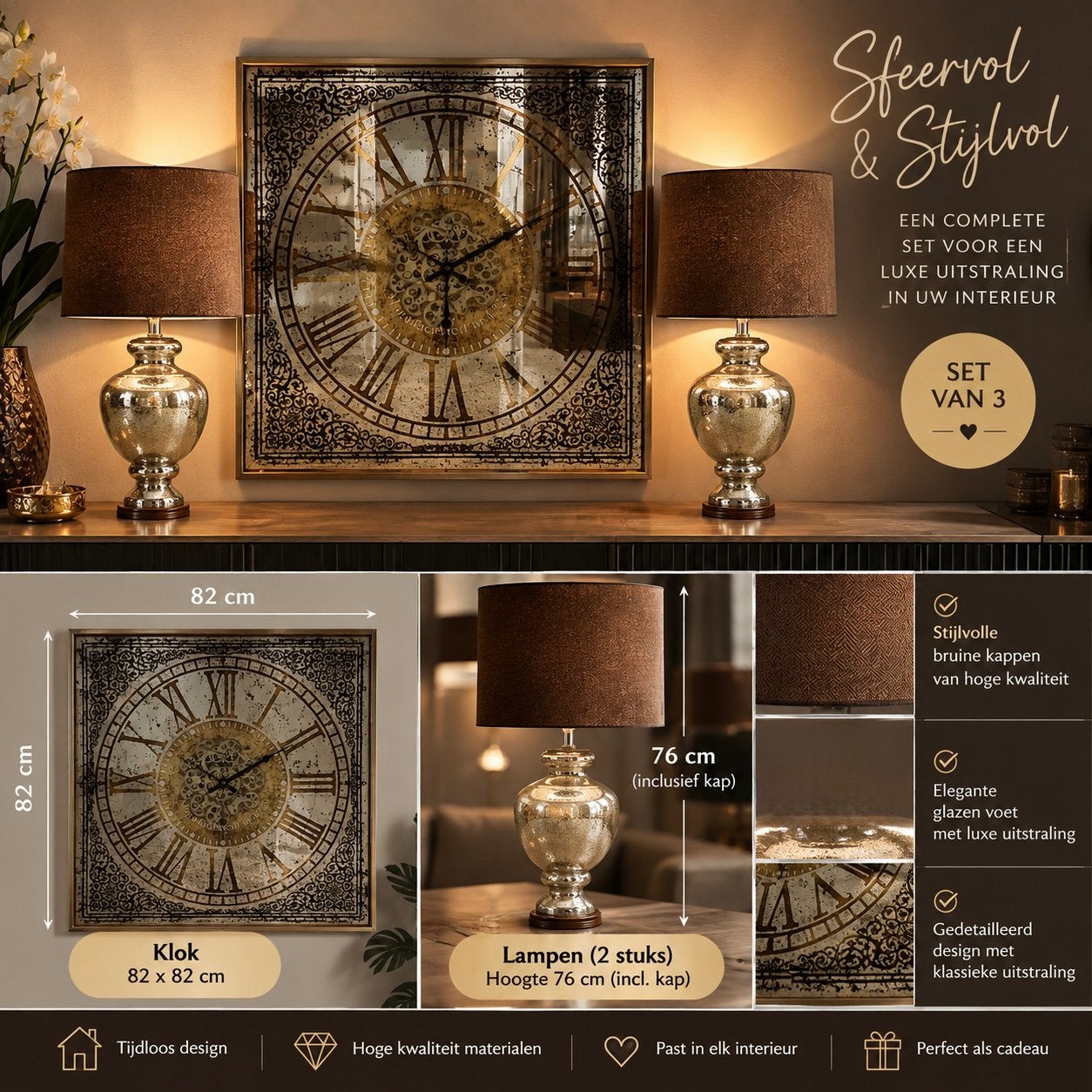 Lampenkap light and living met lampenvoet 1 klok spiegel, Ophalen of Verzenden, Zo goed als nieuw