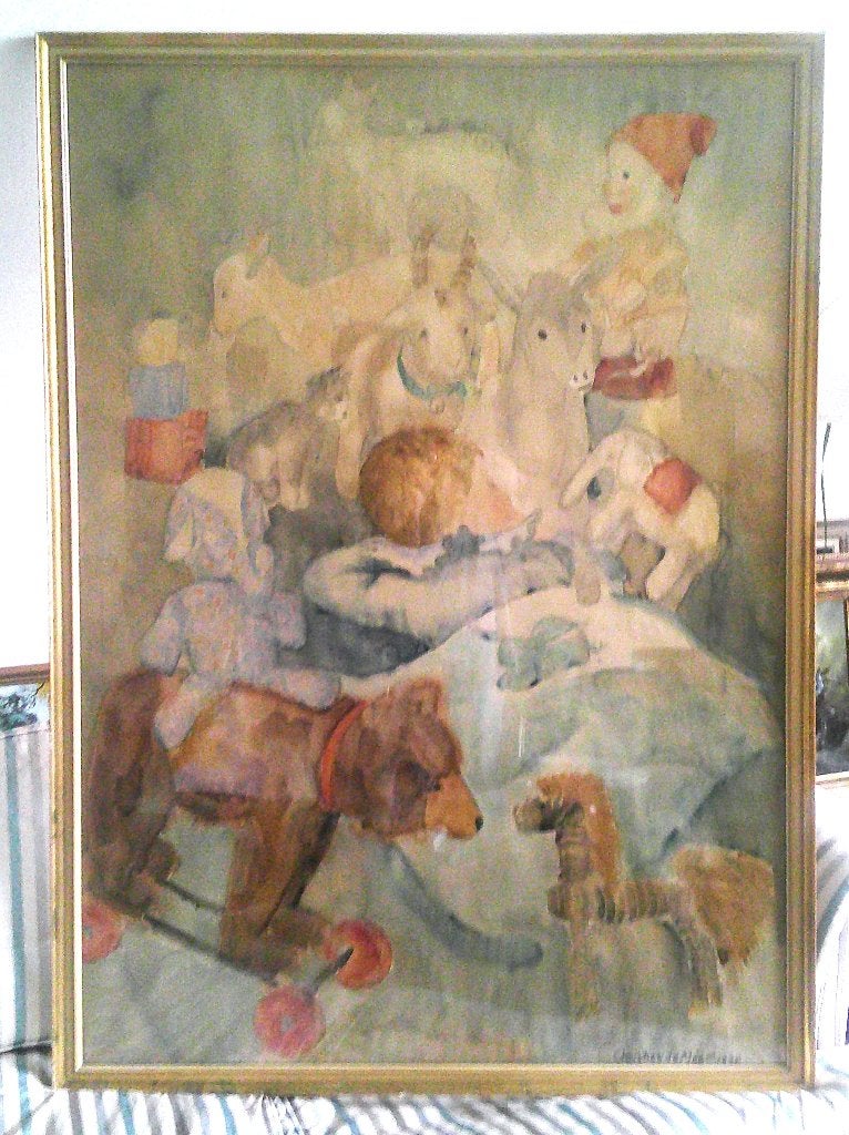 GROOT) Slapend kind omringd door speelgoed 1938 - C. de Moor, Ophalen, Portret of Personen, Impressionistisch, Aquarel