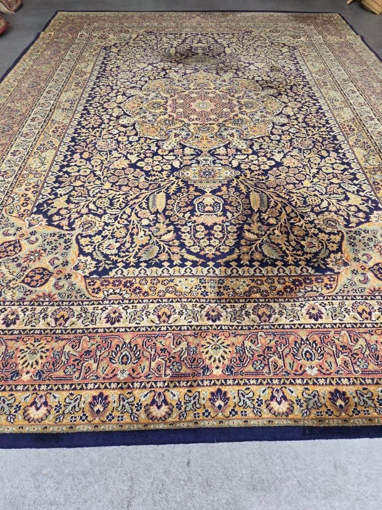 345x250 Blauw Geel Vintage Tapijt Wol XXL Klassiek, Gebruikt, Na, Na, 200 cm of meer