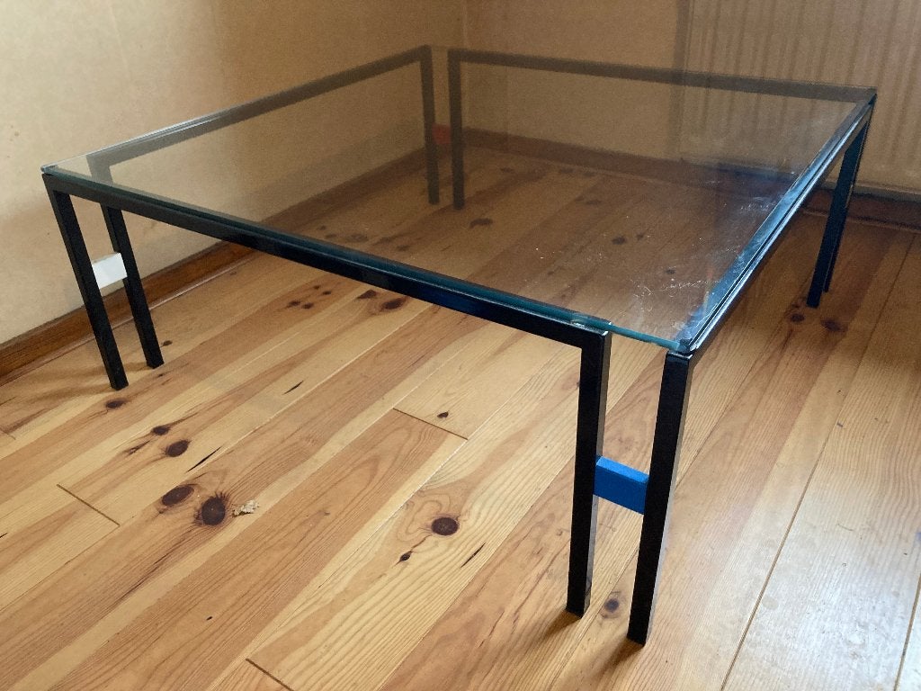 Mondriaan staal glazen minimalistische vintage salontafel, Ophalen, 50 tot 100 cm, Art Deco Mondriaan design, Vierkant
