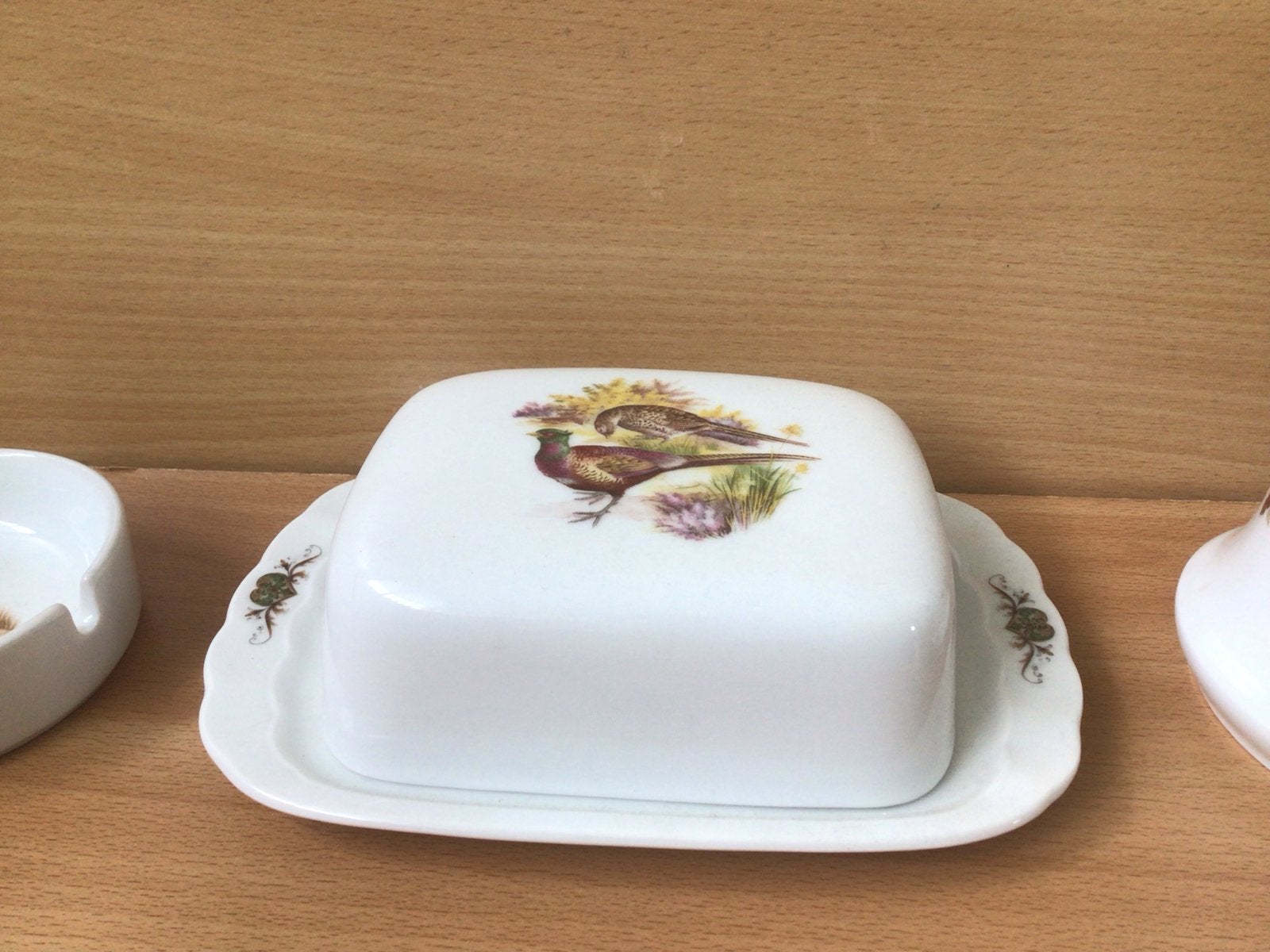 Vintage botervloot met vogeldecoratie Royal Schwabap, Ophalen of Verzenden