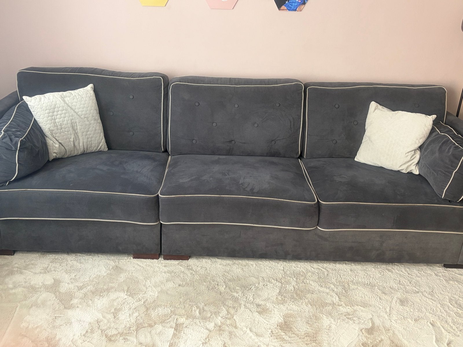 Antracietgrijze loungebank 2.85m breed met sierkussens, Ophalen, 250 tot 300 cm, Gebruikt, 75 tot 100 cm