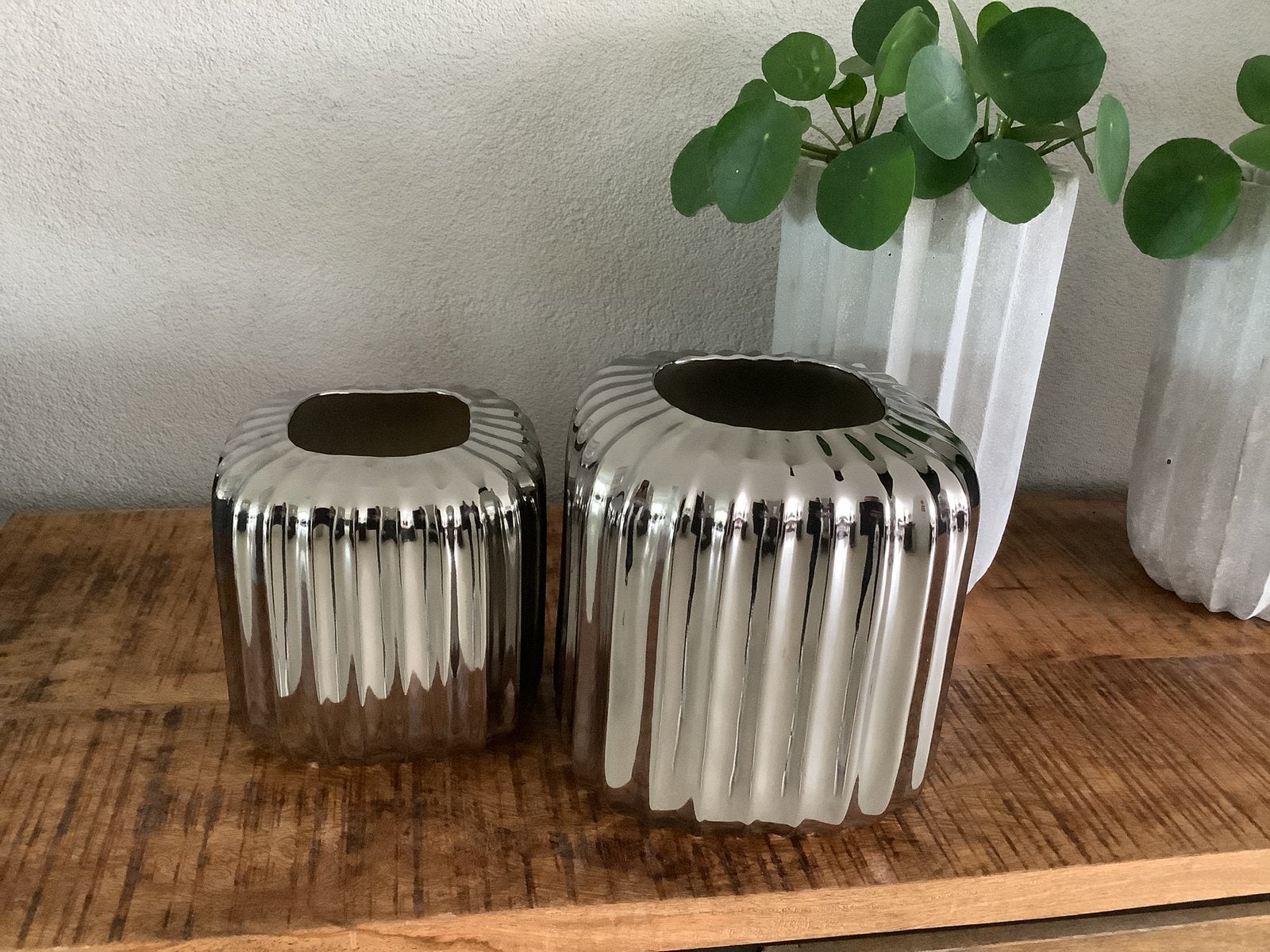 Mooie zilveren zilver kleur vaas vazen pot potten vierkant, Ophalen of Verzenden, Zo goed als nieuw, Zilver