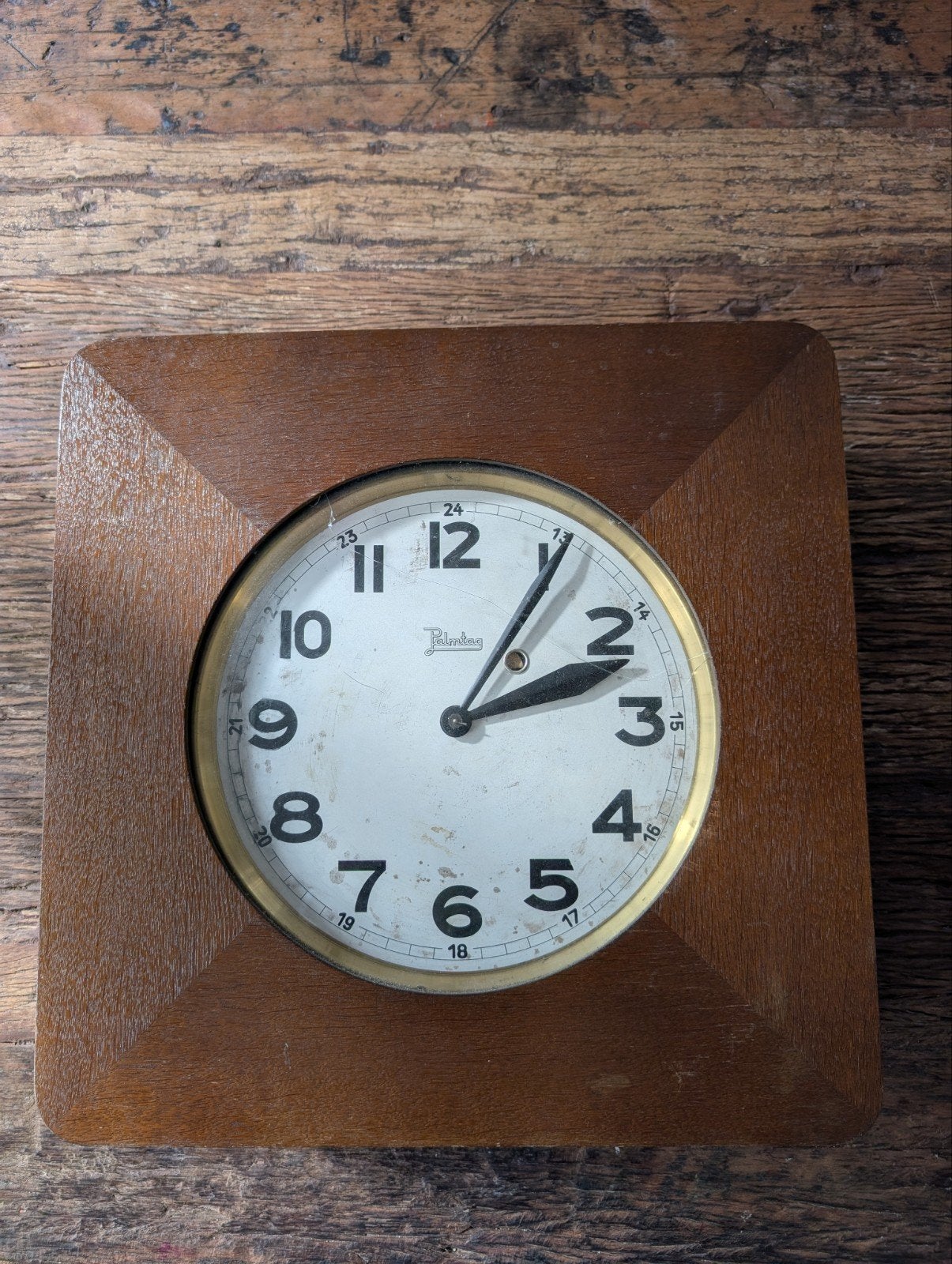 Vintage Palmtag Wandklok schoolklok - Houten Behuizing, Ophalen