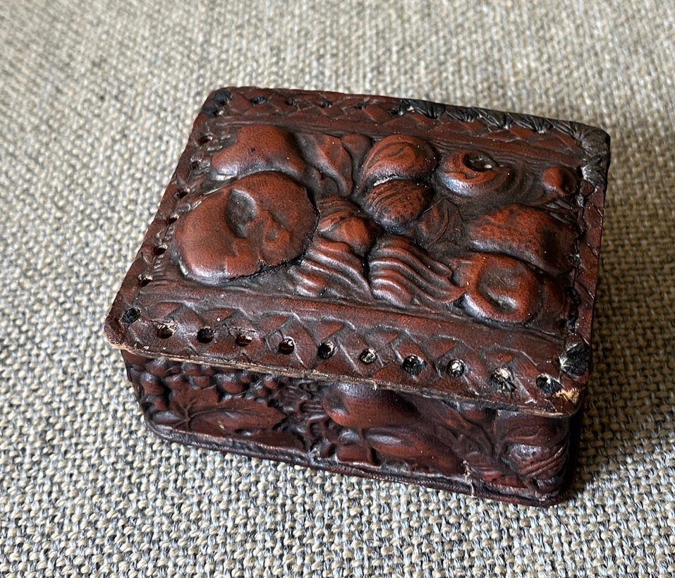 Oud sieradendoosje, met leer bekleed., Antiek en Kunst, Ophalen of Verzenden