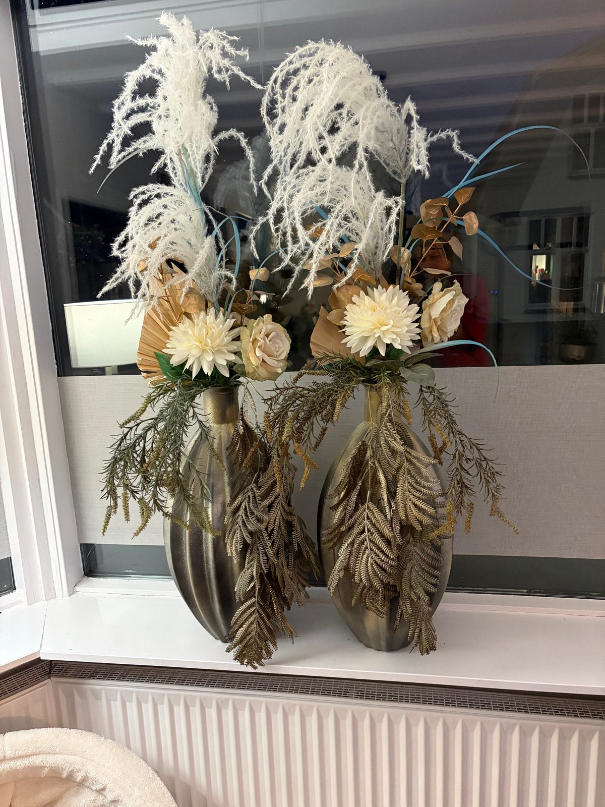 Set van 2 grote decoratieve vazen met kunstbloemen, Ophalen, Meerkleurig, Inclusief decoratie, Zo goed als nieuw