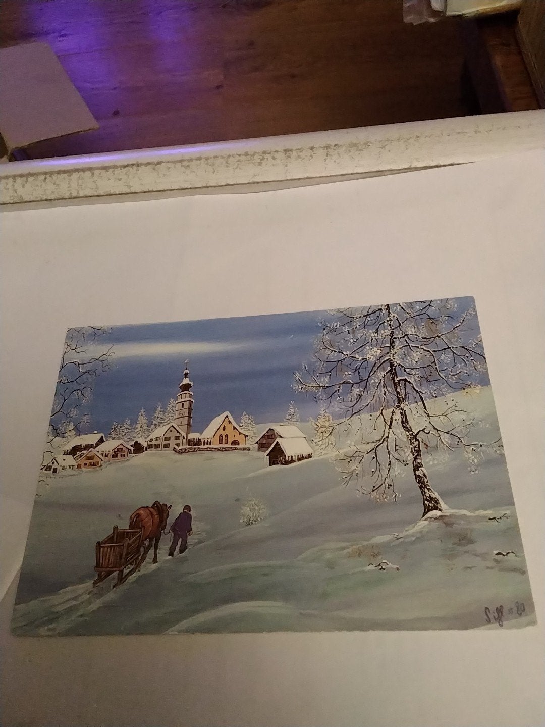 Oude kerstkaart met winterlandschap en paardenslee Sibyl, Ophalen of Verzenden