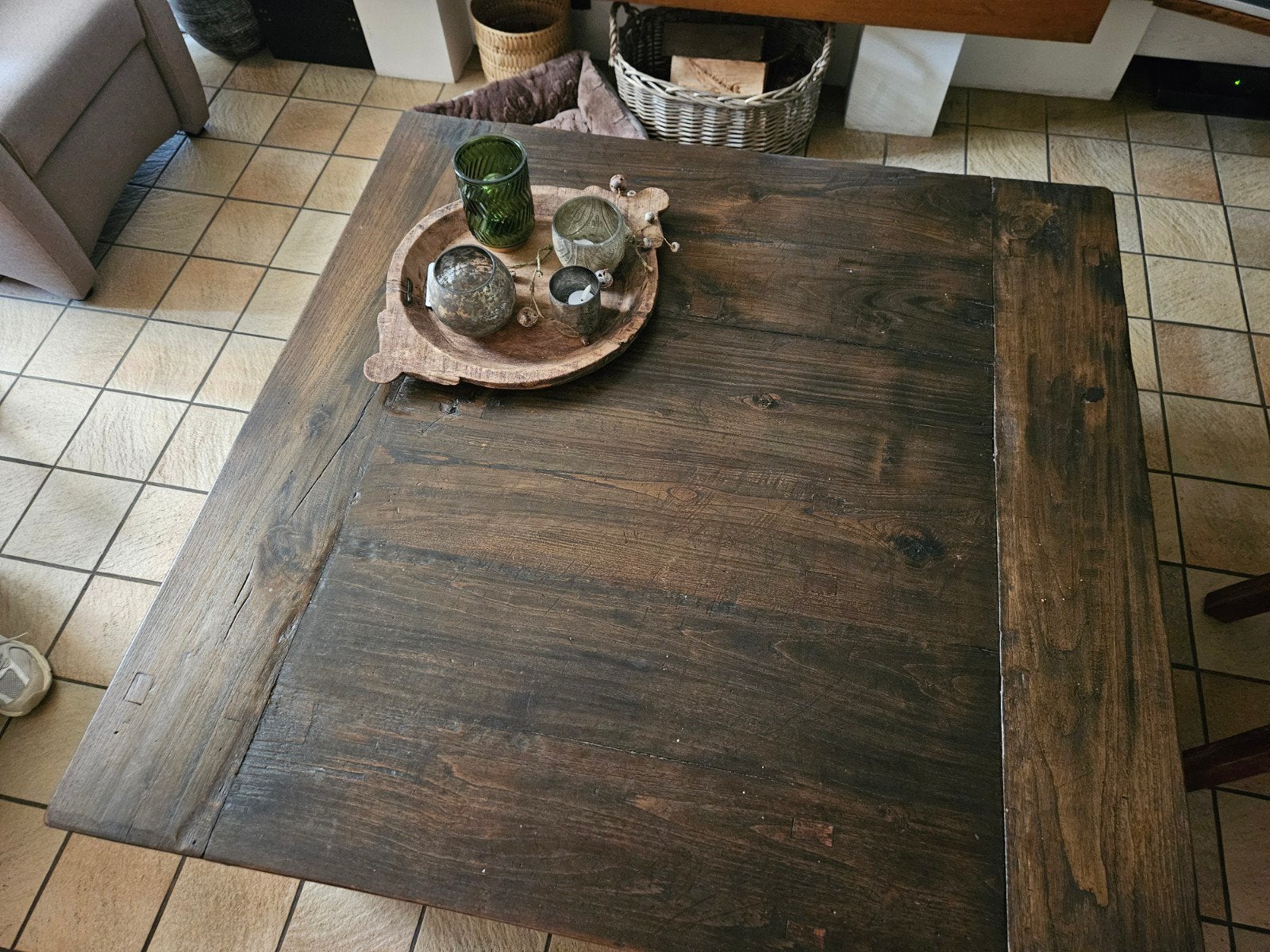 Te koop prachtige grote teakhouten salontafel 120x120x50 cm, Ophalen, 50 – 75, Gebruikt, 100 tot 150 cm
