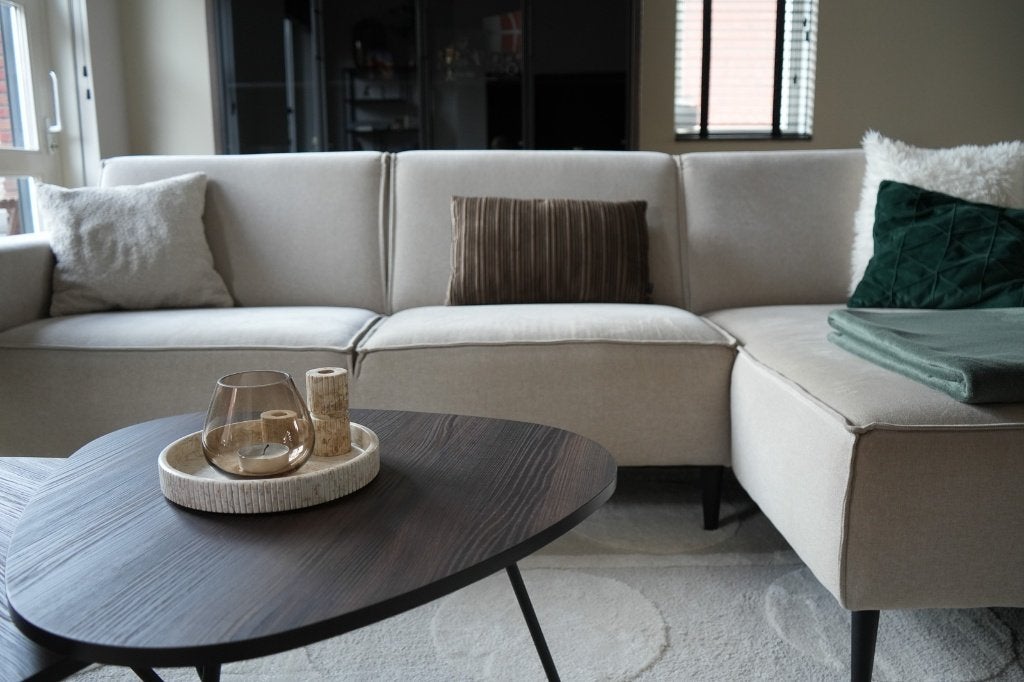 Hoekbank De Bommel – lichte stof, longchair rechts, Ophalen, Zo goed als nieuw, Stof, Modern