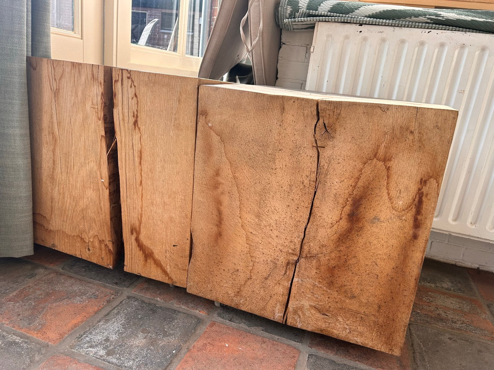 Massief houten blokken, eikenhout, set van 2 wieltjes, Ophalen, Hout, Gebruikt, Landelijk