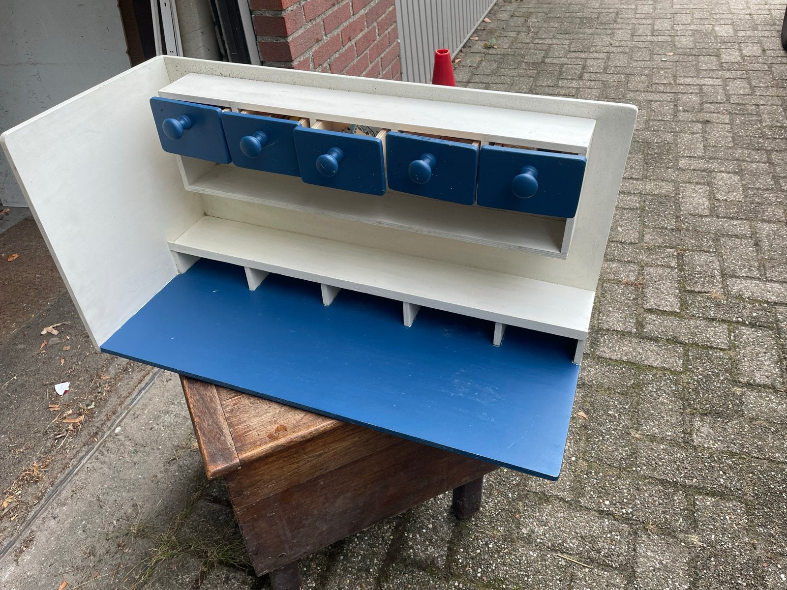 Vintage houten wandkastje:wonkeltje met lades, Antiek en Kunst, Antiek | Kantoor en Zakelijk, Ophalen of Verzenden