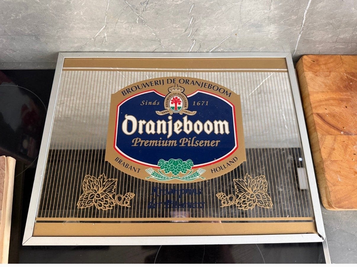 Vintage Oranjeboom Premium Pilsener Reclamebord, Ophalen of Verzenden, Gebruikt, Reclamebord, Plaat of Schild, Oranjeboom