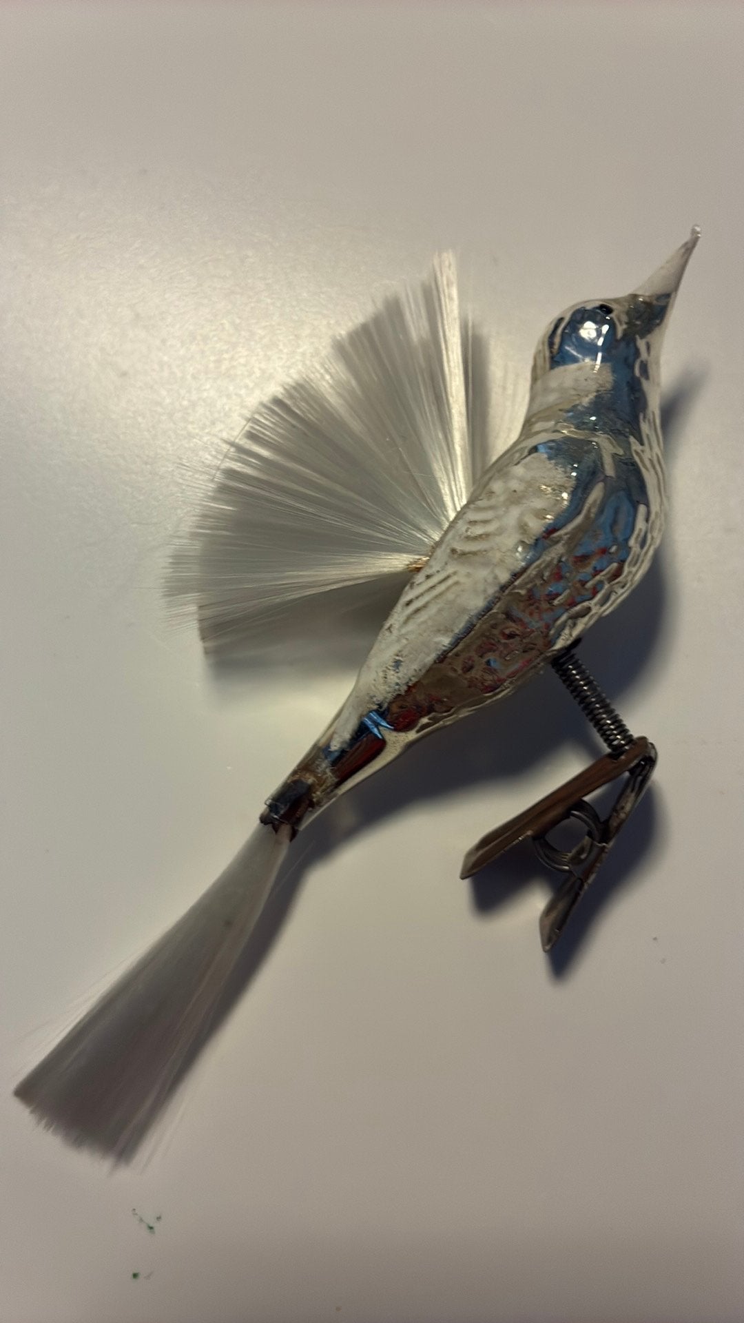 Vintage antieke kerstbal, vogeltje met vleugels zilver, Ophalen of Verzenden