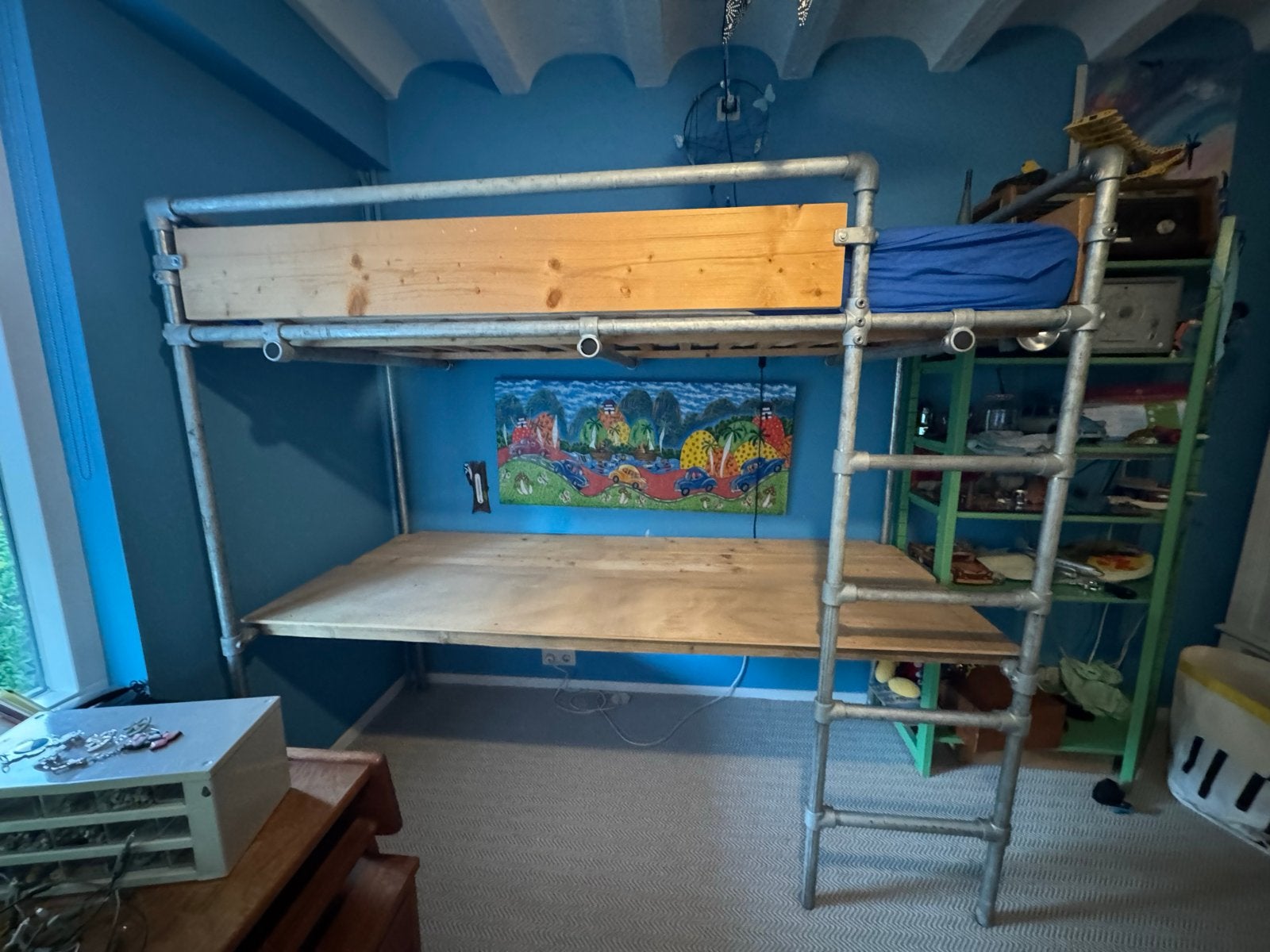Stoere hoogslaper steigerbuis Hout- Art - industrieel design, Ophalen, Eenpersoons, 160 tot 180 cm, Zo goed als nieuw