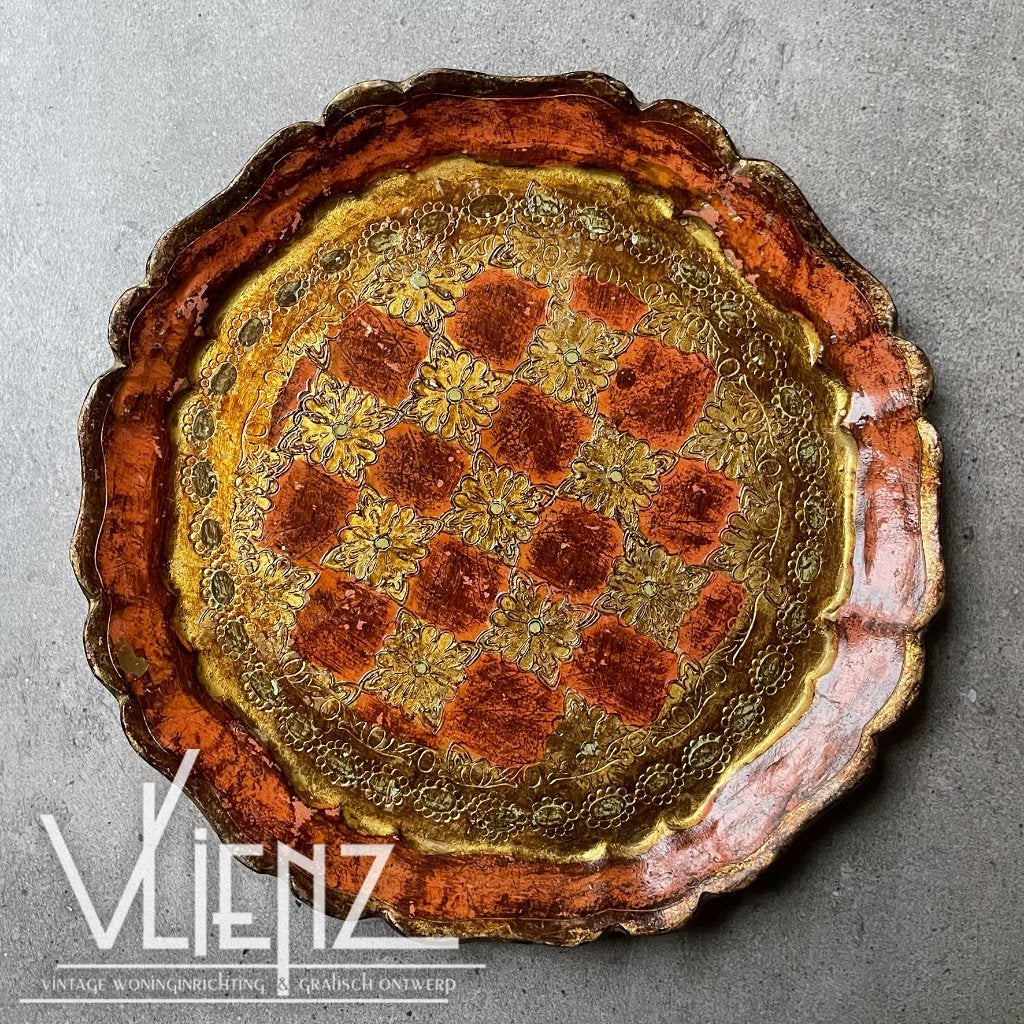 Vintage Florentijns dienblad goudkleurig en roze Italië rond, Kunststof, Gebruikt, -, -
