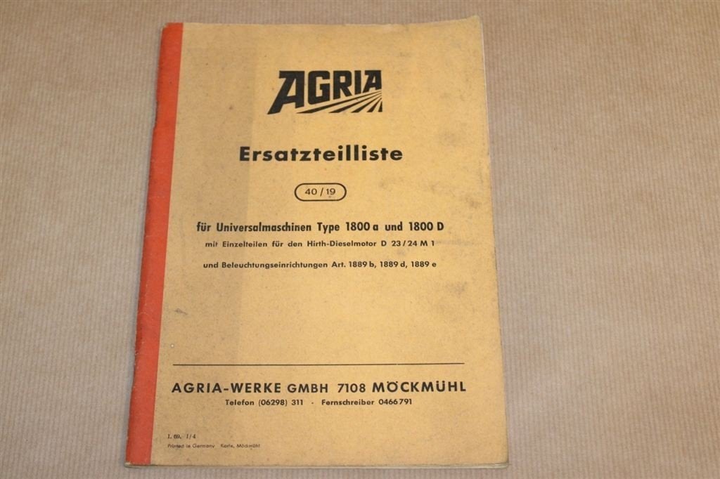 Agria Onderdelencatalogus Hirth Dieselmotor- 1965, Ophalen of Verzenden, Gelezen, Bouwkunde