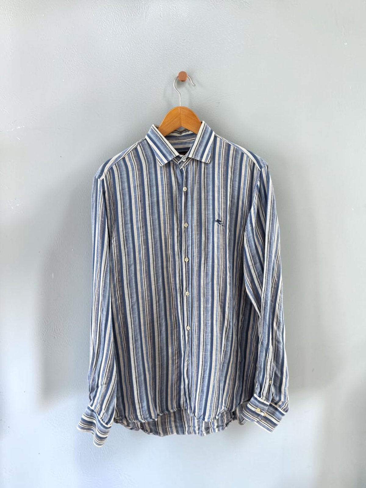 Etro Milano shirt overhemd blauw wit strepen linnen L XL, Ophalen of Verzenden, Zo goed als nieuw, Blauw, Halswijdte 41/42 (L)