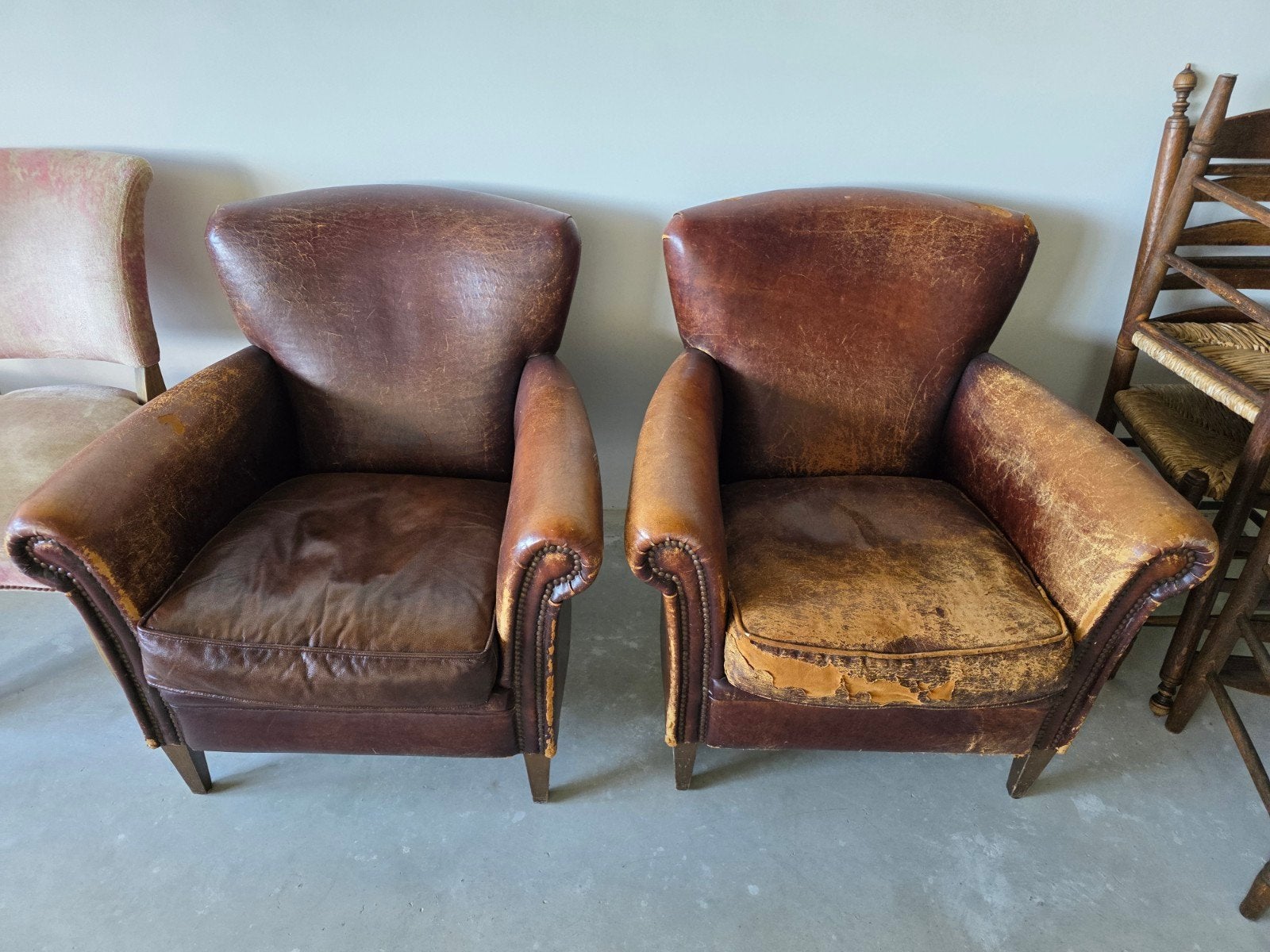 Set van 2 vintage leren fauteuils, Huis en Inrichting, Stoelen, Gebruikt, Twee, Bruin, Vintage