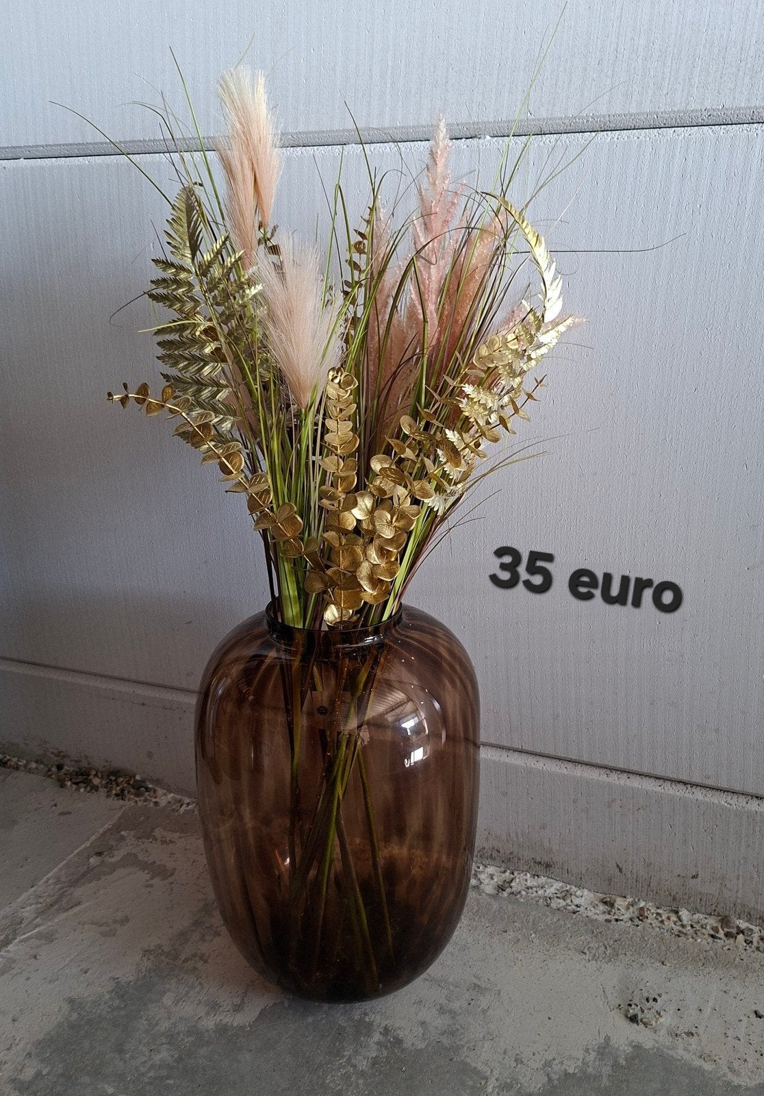 Glazen vaas met droogbloemen, Ophalen, Gebruikt, Inclusief droogbloemen, Bruin